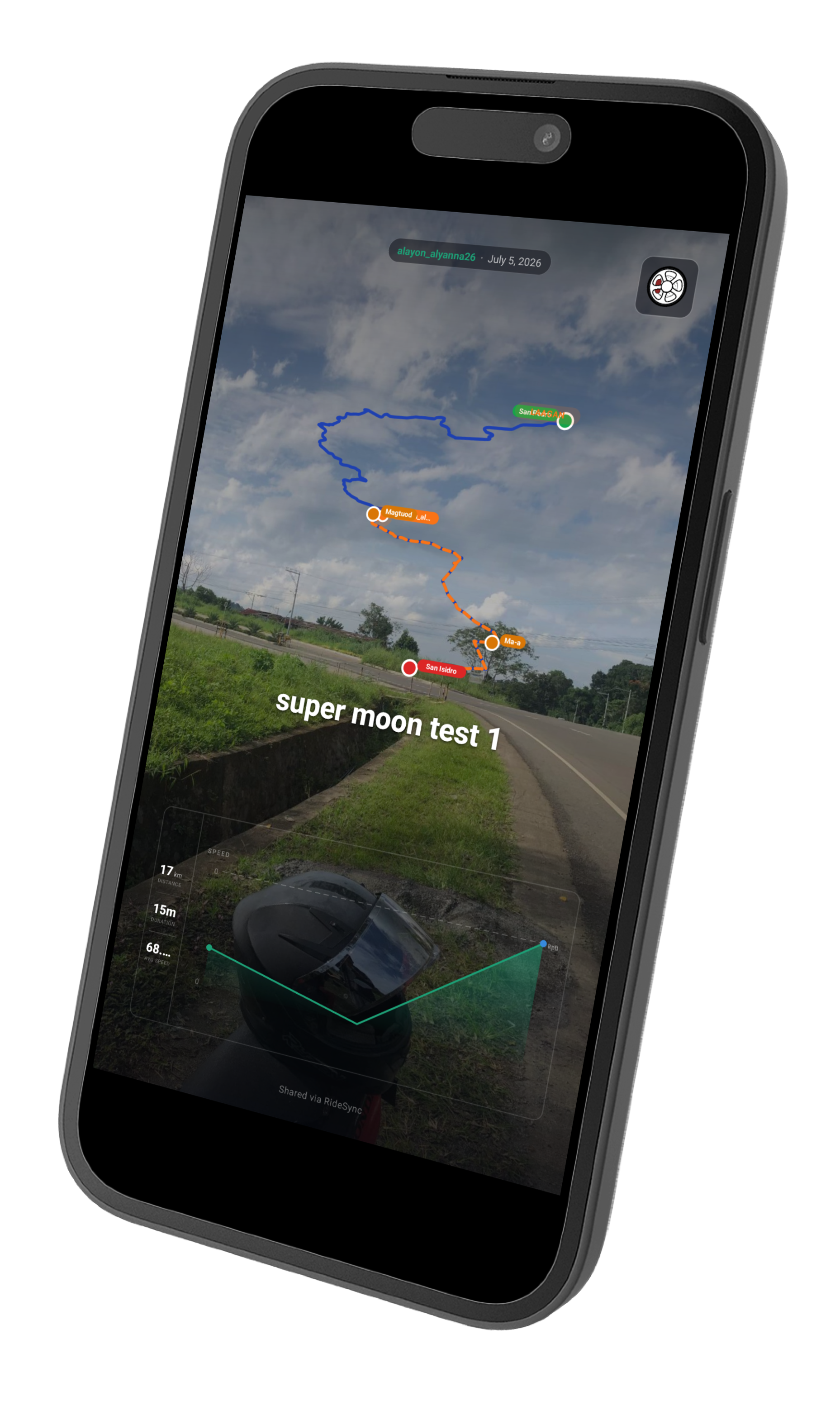 Laagan shareable ride recap - motorcycle trip summary with performance metrics